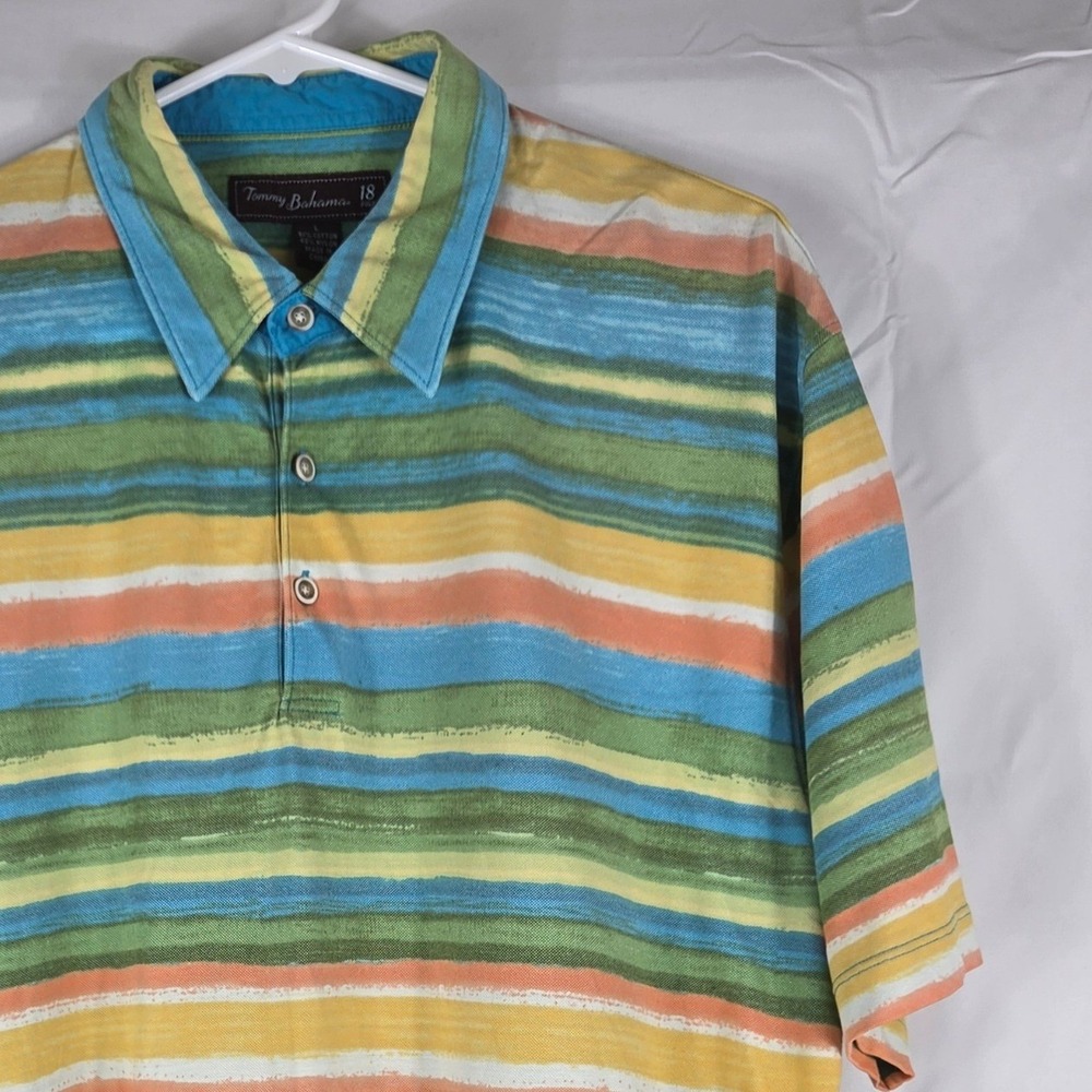 Tommy Bahama 18 Golf Mens Large Striped Polo Shirt Blue Green Yellow Orange